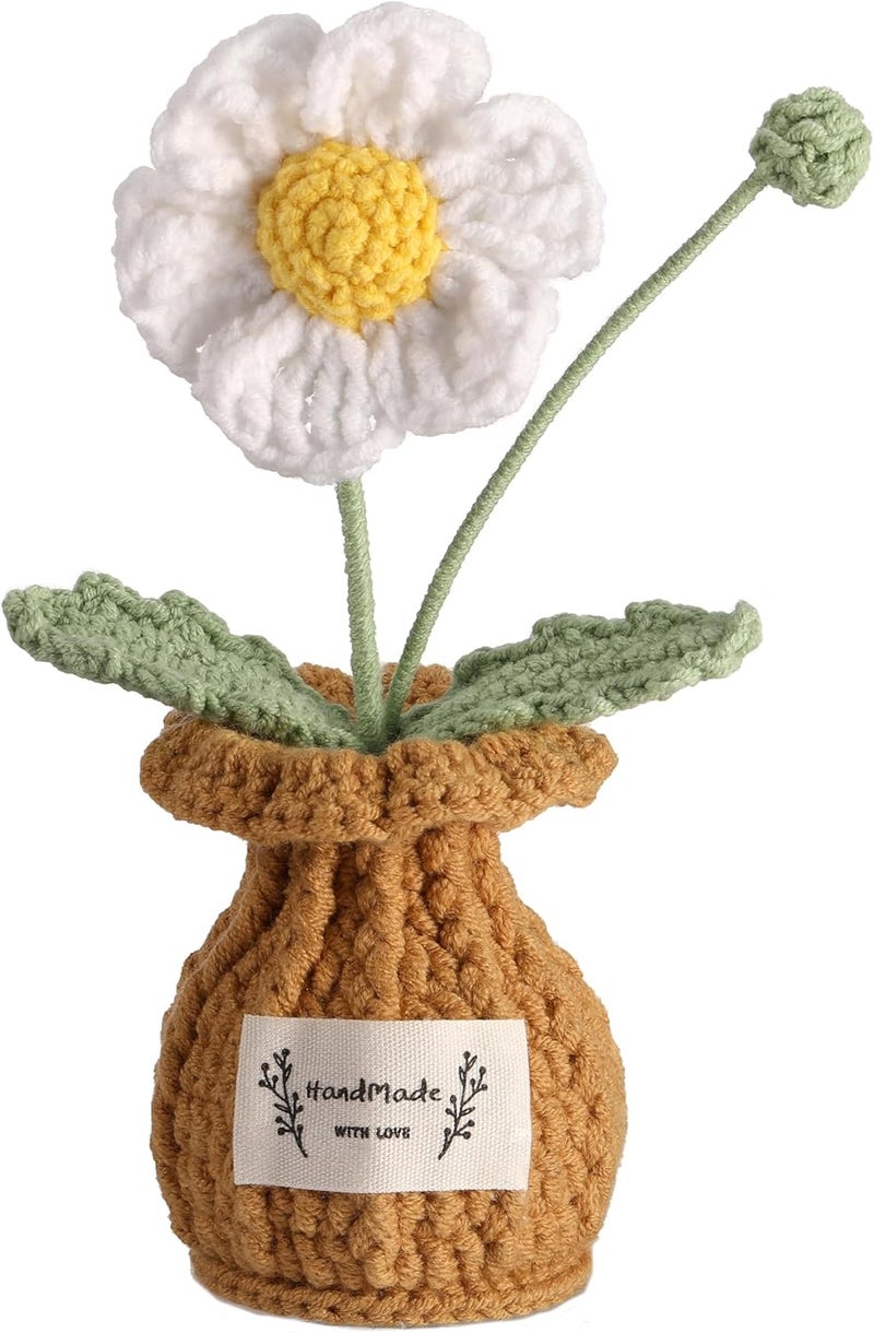 YOOJEE Christmas Crochet Flower Pot Stocking Stuffers Basket Gifts for Women Coworker Mom Teacher Friends Sister Handmade Knitted White Daisy Plant Birthday Wedding Home Holiday Cute Office Desk Decor - Image 1